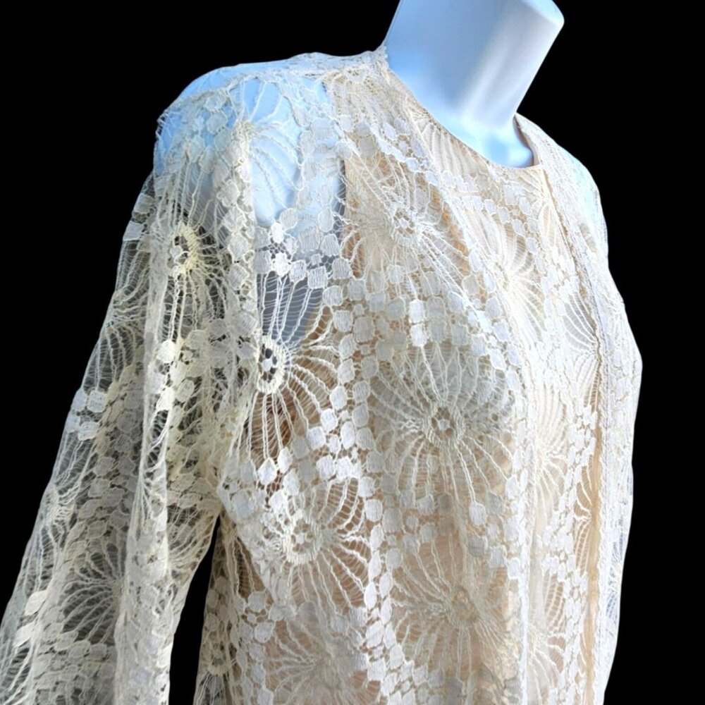 Vintage 1960s Saba California Lace Dress Set Size S Wedding Neutral A-line - Picture 11 of 16